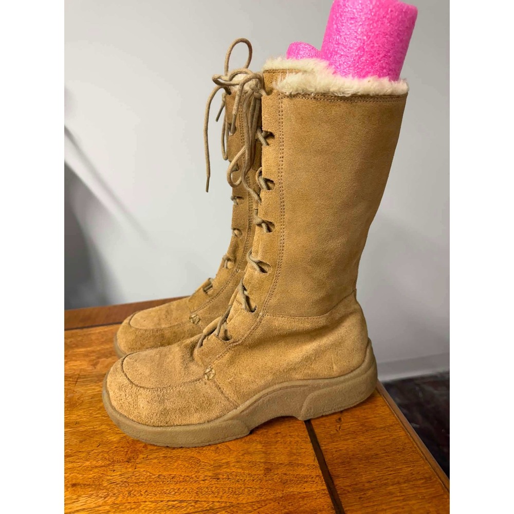Vtg Report Womens 9 Tan Krusade Boots Suede Faux Fur Trim Lace Up Zip Platform
